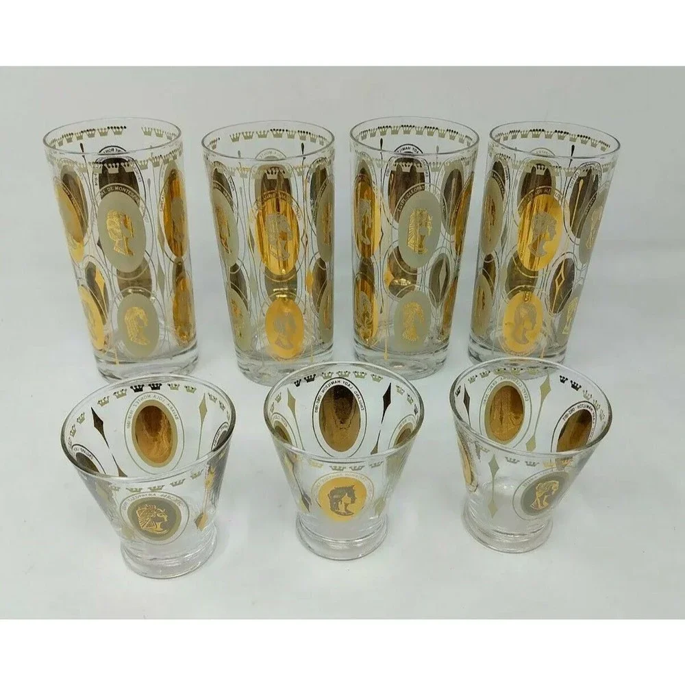 Gold Queen Women Portrait Highball Mid Century MCM Cosmopolitan Bar‎ Glasses VTG